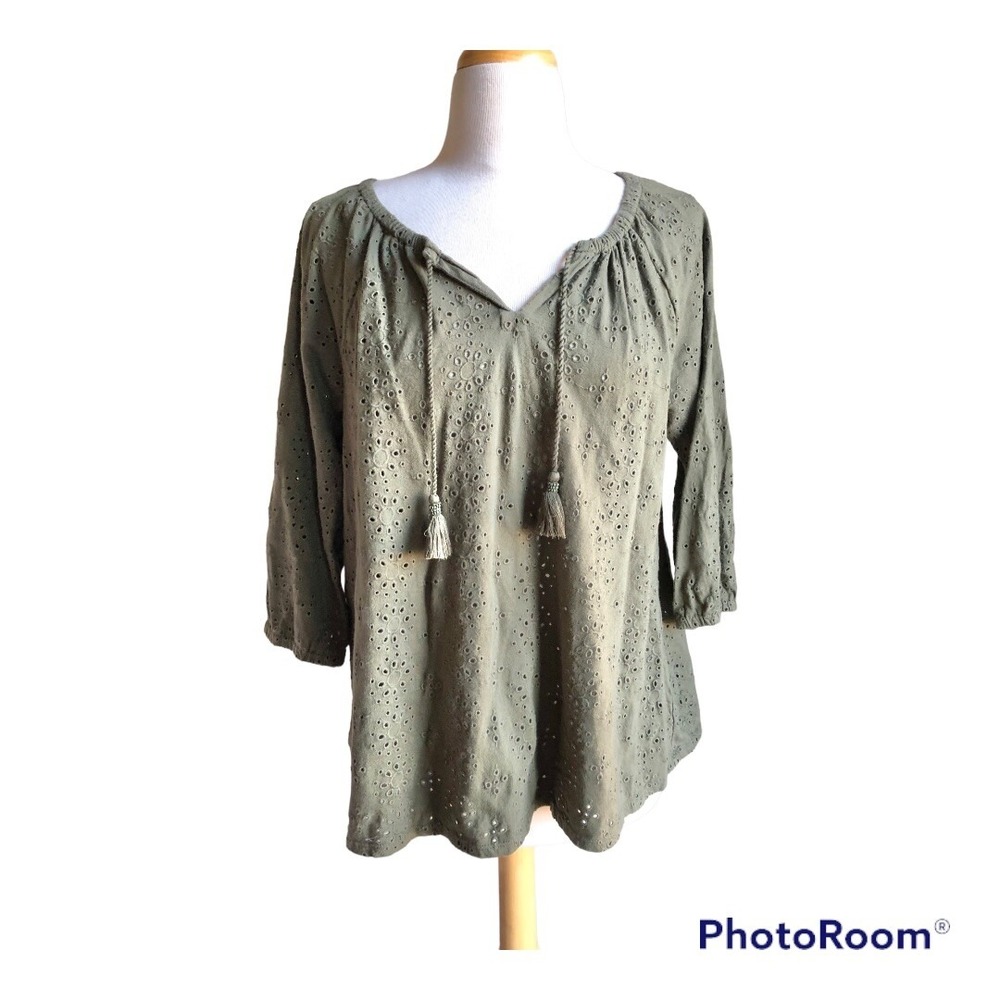 j jill olive green eyelet tassel tie quarter length sleeve top large